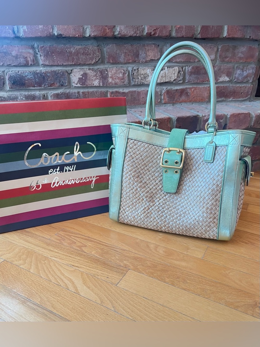Coach Y2K Legacy Metallic Mint Green Leather & Suede Straw Boxy Tote